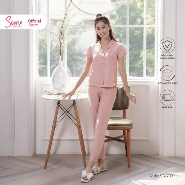 Bộ Đồ Mặc Nhà Nữ Pijamas Linen Sunfly Áo Cộc Quần Dài