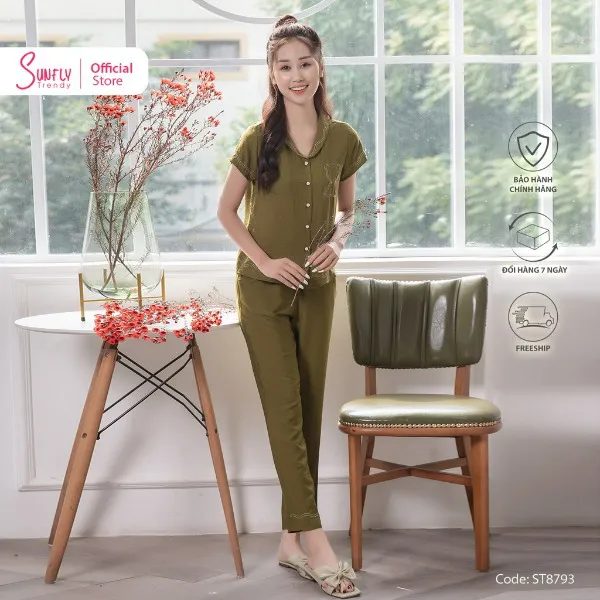 Bộ Đồ Mặc Nhà Nữ Pijamas Linen Sunfly Áo Cộc Quần Dài