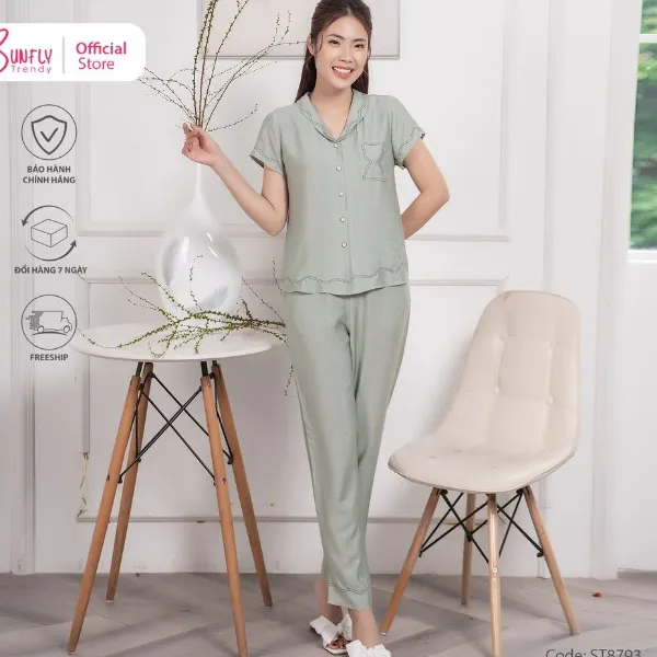 Bộ Đồ Mặc Nhà Nữ Pijamas Linen Sunfly Áo Cộc Quần Dài