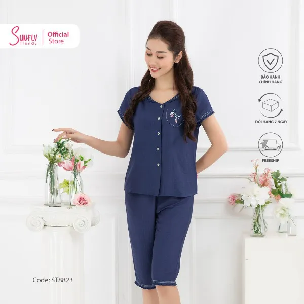 Bộ Đồ Mặc Nhà Nữ Pijamas Linen Sunfly Áo Cộc Quần Ngố