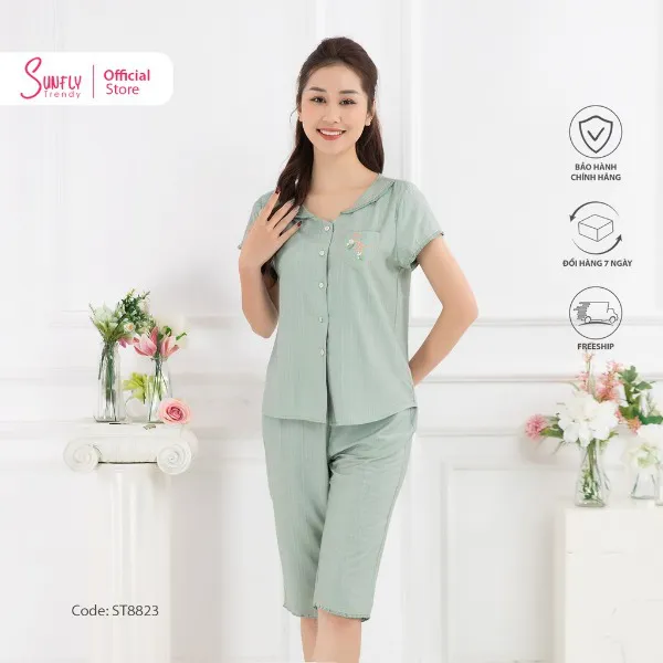 Bộ Đồ Mặc Nhà Nữ Pijamas Linen Sunfly Áo Cộc Quần Ngố