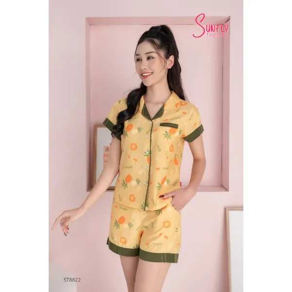 Bộ Đồ Mặc Nhà Nữ Pijamas Linen Sunfly Áo Cộc Quần Sooc