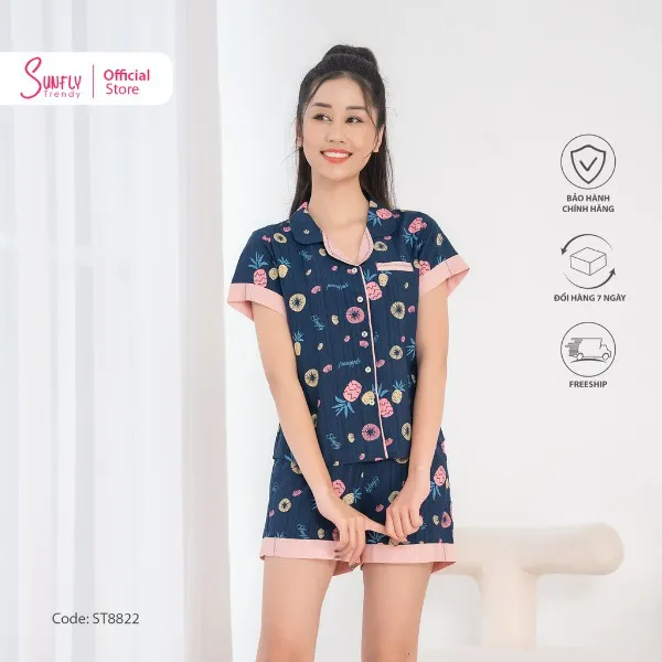 Bộ Đồ Mặc Nhà Nữ Pijamas Linen Sunfly Áo Cộc Quần Sooc
