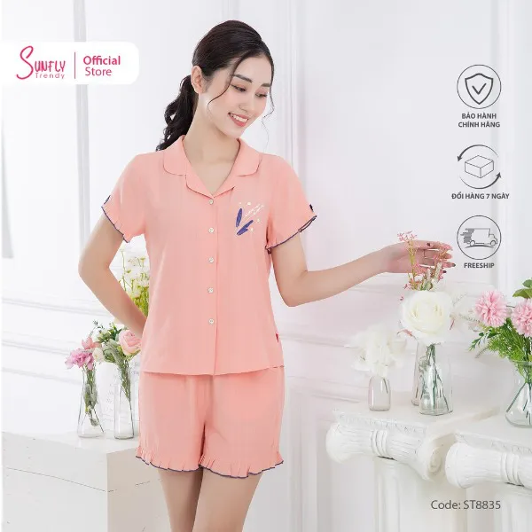 Bộ đồ mặc nhà nữ pijamas linen SUNFLY áo cộc quần sooc