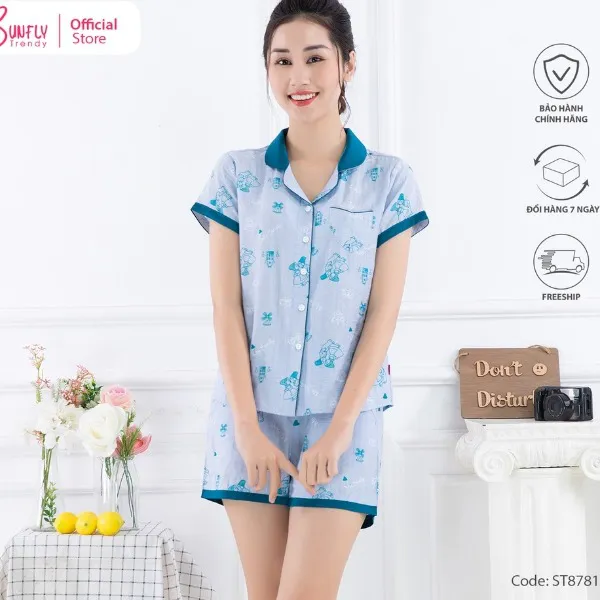 Bộ Đồ Mặc Nhà Nữ Pijamas Linen Sunfly Áo Cộc Quần Sooc
