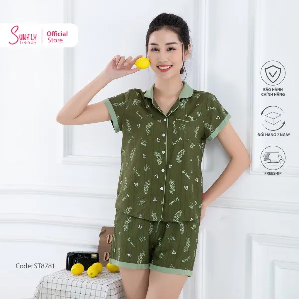 Bộ Đồ Mặc Nhà Nữ Pijamas Linen Sunfly Áo Cộc Quần Sooc