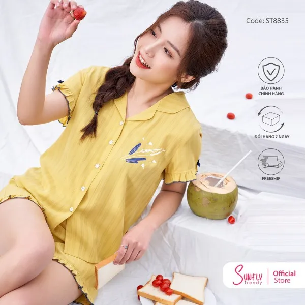 Bộ đồ mặc nhà nữ pijamas linen SUNFLY áo cộc quần sooc