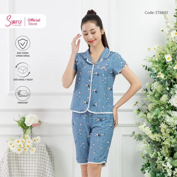 Bộ Đồ Mặc Nhà Nữ Pijamas Linen Sunfly Áo Cộc Quần Trên Gối