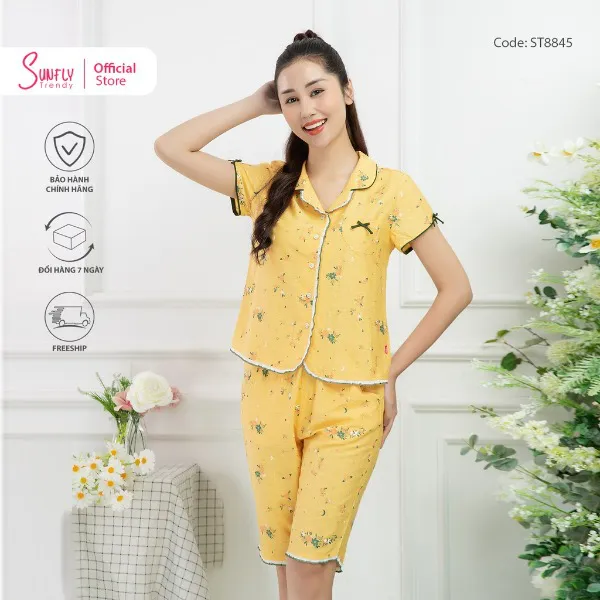 Bộ Đồ Mặc Nhà Nữ Pijamas Linen Sunfly Áo Cộc Quần Trên Gối