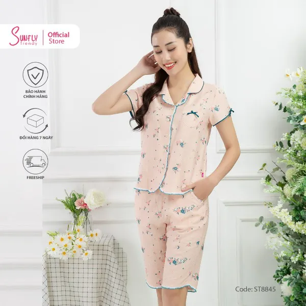 Bộ Đồ Mặc Nhà Nữ Pijamas Linen Sunfly Áo Cộc Quần Trên Gối