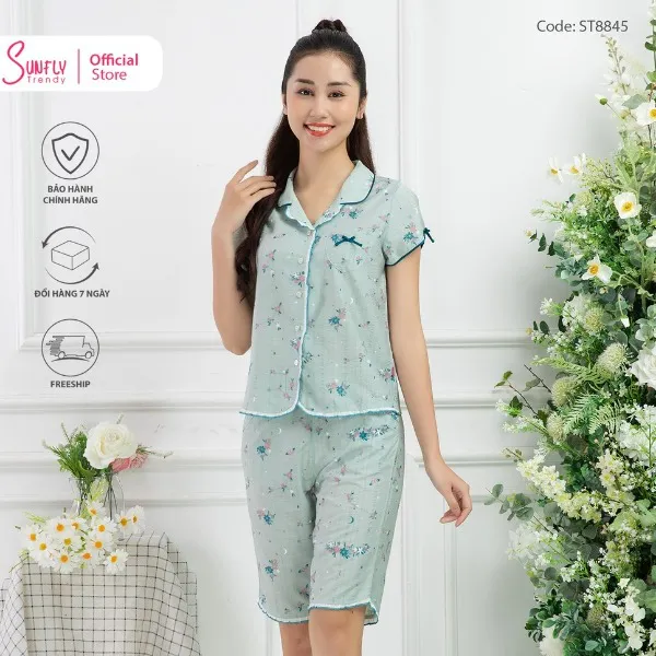 Bộ Đồ Mặc Nhà Nữ Pijamas Linen Sunfly Áo Cộc Quần Trên Gối