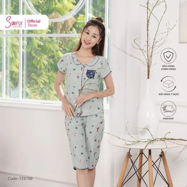 Bộ Đồ Mặc Nhà Nữ Pijamas Linen SUNFLY Áo Cộc Tay