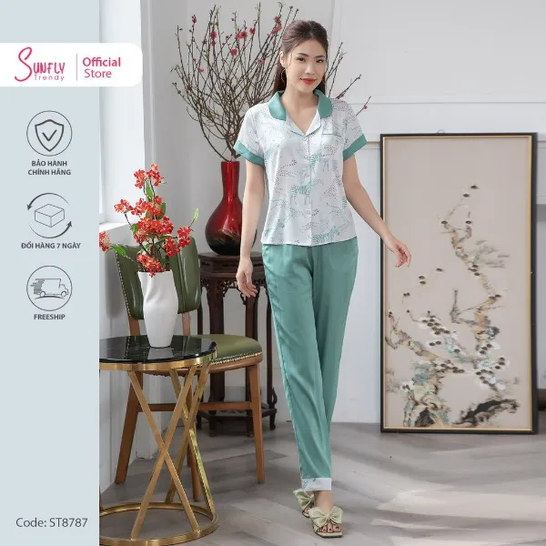 Bộ Đồ Mặc Nhà Nữ Pijamas Lụa Sunfly Áo Cộc - Quần Dài