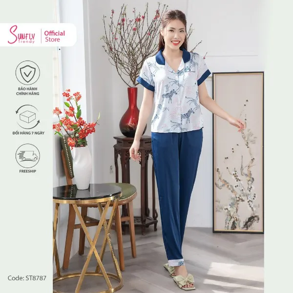 Bộ Đồ Mặc Nhà Nữ Pijamas Lụa Sunfly Áo Cộc - Quần Dài