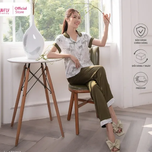 Bộ Đồ Mặc Nhà Nữ Pijamas Lụa Sunfly Áo Cộc - Quần Dài