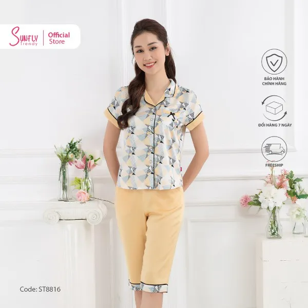Bộ Đồ Mặc Nhà Nữ Pijamas Lụa Sunfly Áo Cộc Quần Ngố