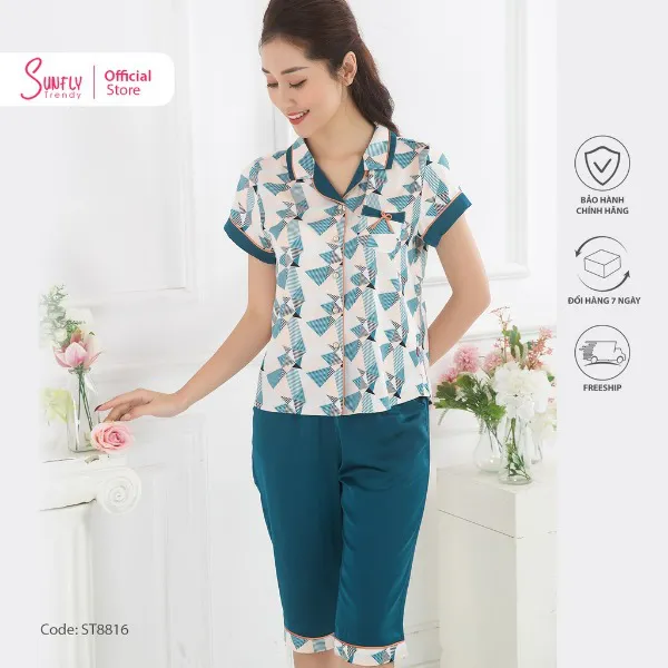 Bộ Đồ Mặc Nhà Nữ Pijamas Lụa Sunfly Áo Cộc Quần Ngố