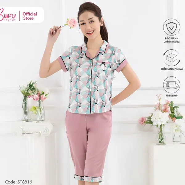 Bộ Đồ Mặc Nhà Nữ Pijamas Lụa Sunfly Áo Cộc Quần Ngố