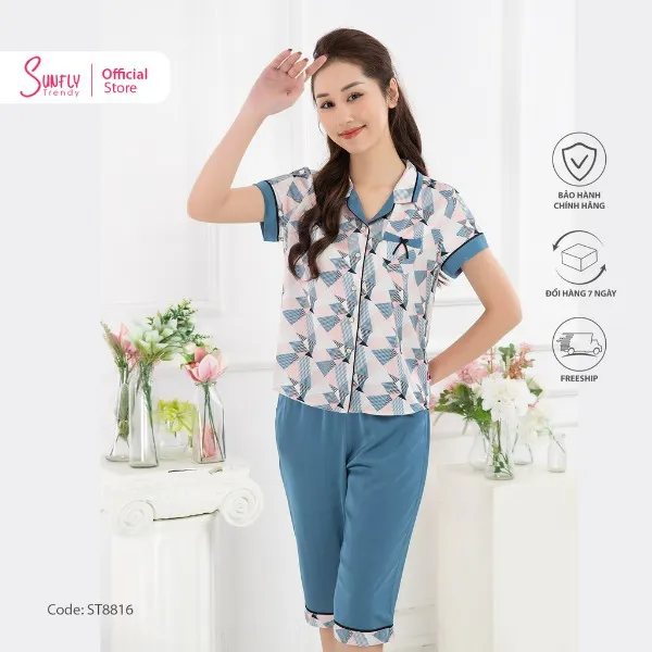 Bộ Đồ Mặc Nhà Nữ Pijamas Lụa Sunfly Áo Cộc Quần Ngố