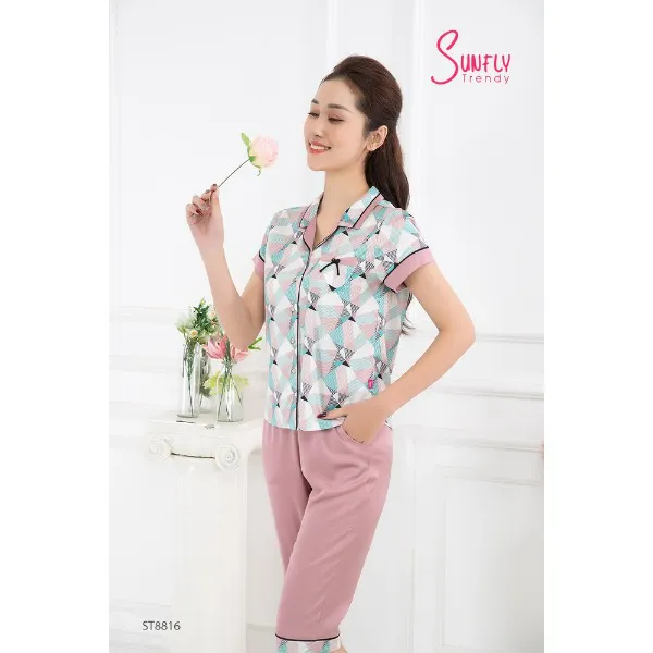 Bộ Đồ Mặc Nhà Nữ Pijamas Lụa Sunfly Áo Cộc Quần Ngố