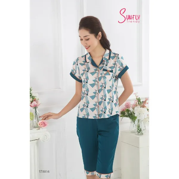 Bộ Đồ Mặc Nhà Nữ Pijamas Lụa Sunfly Áo Cộc Quần Ngố