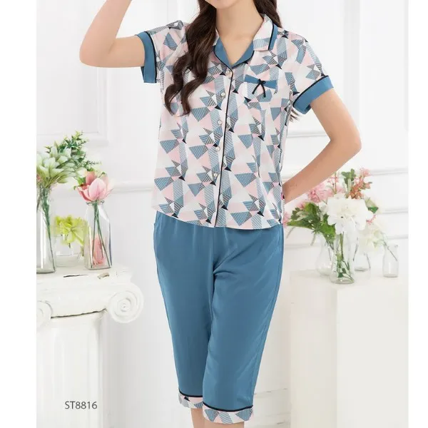 Bộ Đồ Mặc Nhà Nữ Pijamas Lụa Sunfly Áo Cộc Quần Ngố