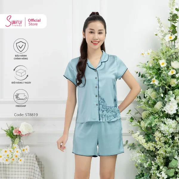 Bộ Đồ Mặc Nhà Nữ Pijamas Lụa Sunfly Áo Cộc Quần Sooc