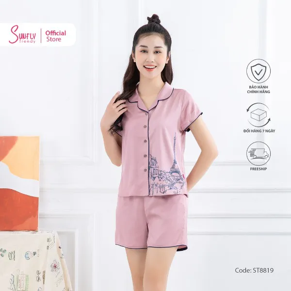 Bộ Đồ Mặc Nhà Nữ Pijamas Lụa Sunfly Áo Cộc Quần Sooc