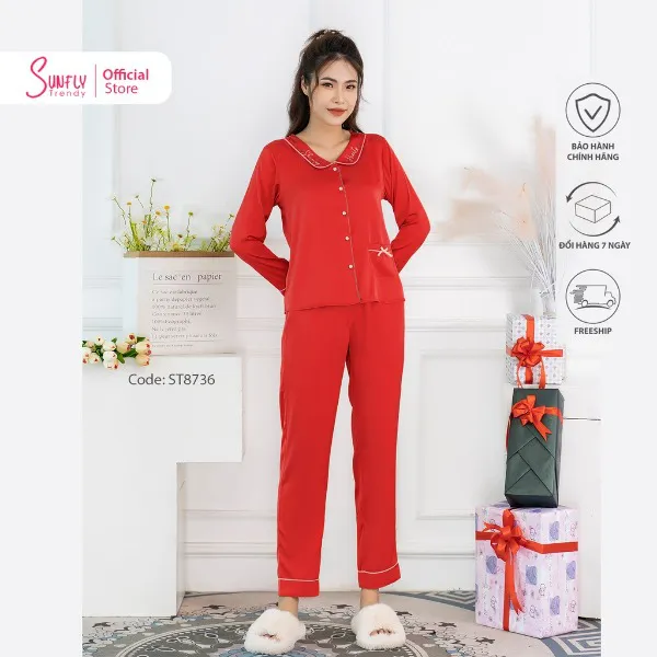 Bộ Đồ Mặc Nhà Nữ Pijamas Lụa Sunfly Áo Dài Quần Dài
