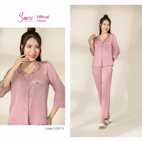 Bộ Đồ Mặc Nhà Nữ Pijamas Sunfly Lụa Áo Tay Lỡ - Quần Dài