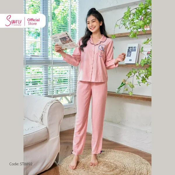 Bộ Đồ Mặc Nhà Nữ Pyjamas Linen SUNFLY Áo Tay Dài Quần Dài
