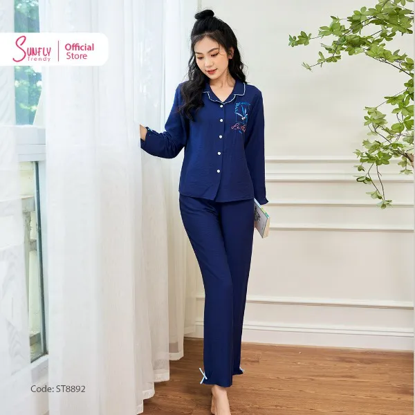 Bộ Đồ Mặc Nhà Nữ Pyjamas Linen SUNFLY Áo Tay Dài Quần Dài