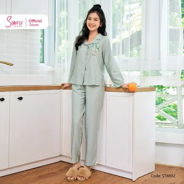 Bộ Đồ Mặc Nhà Nữ Pyjamas Linen SUNFLY Áo Tay Dài Quần Dài