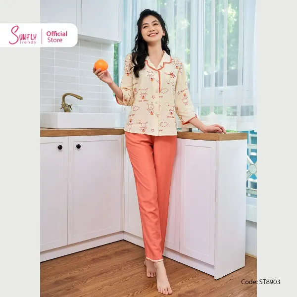 Bộ Đồ Mặc Nhà Nữ Pyjamas Linen SUNFLY Áo Tay Lỡ Quần Dài