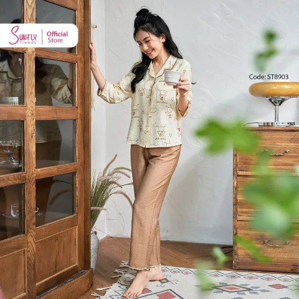 Bộ Đồ Mặc Nhà Nữ Pyjamas Linen SUNFLY Áo Tay Lỡ Quần Dài