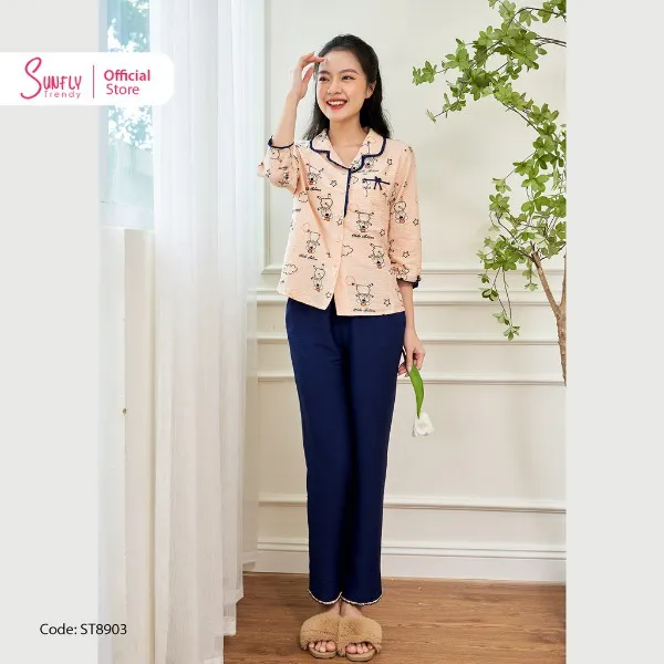 Bộ Đồ Mặc Nhà Nữ Pyjamas Linen SUNFLY Áo Tay Lỡ Quần Dài