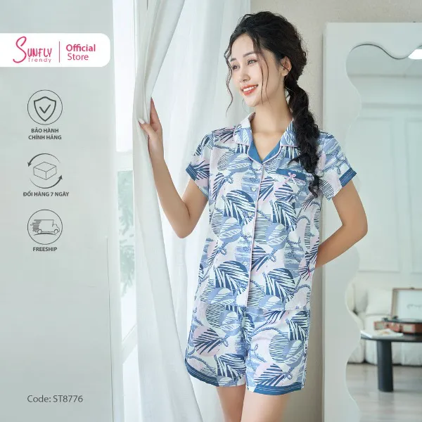 Bộ Đồ Mặc Nhà Nữ Pyjamas Lụa SUNFLY Áo Cộc Quần Sooc