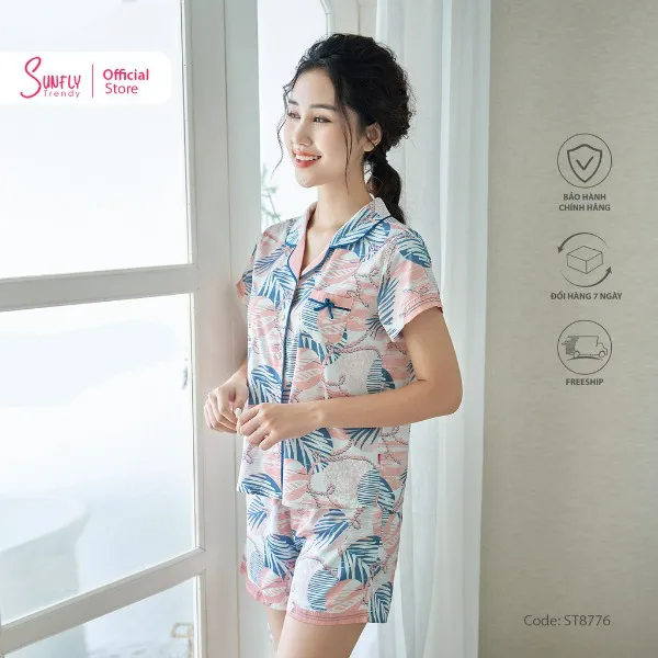 Bộ Đồ Mặc Nhà Nữ Pyjamas Lụa SUNFLY Áo Cộc Quần Sooc