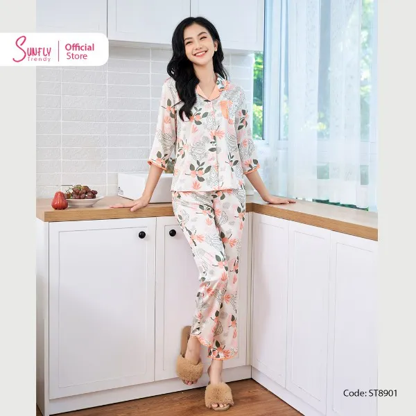 Bộ Đồ Mặc Nhà Nữ Pyjamas Lụa SUNFLY Áo Tay Lỡ Quần Dài