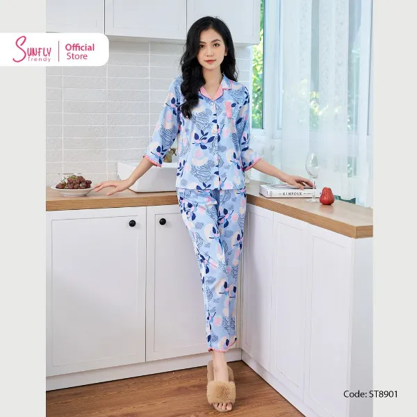 Bộ Đồ Mặc Nhà Nữ Pyjamas Lụa SUNFLY Áo Tay Lỡ Quần Dài
