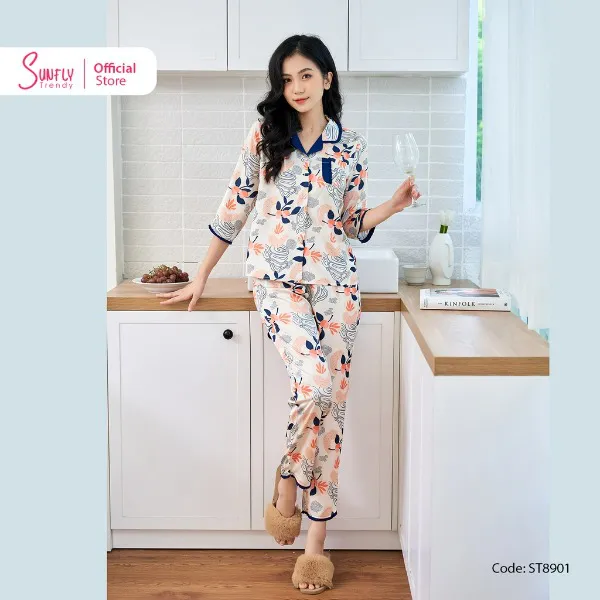 Bộ Đồ Mặc Nhà Nữ Pyjamas Lụa SUNFLY Áo Tay Lỡ Quần Dài