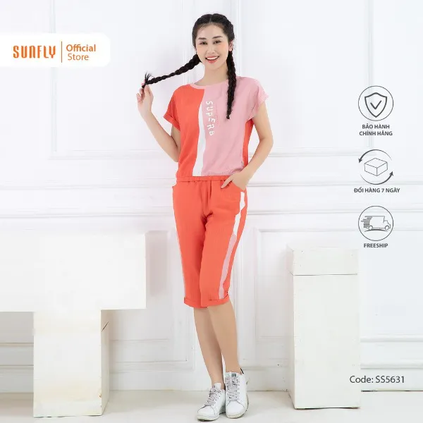 Bộ đồ mặc nhà nữ thể thao linen SUNFLY áo cộc quần ngố