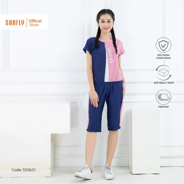 Bộ đồ mặc nhà nữ thể thao linen SUNFLY áo cộc quần ngố