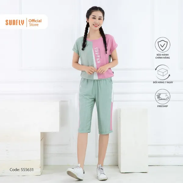 Bộ đồ mặc nhà nữ thể thao linen SUNFLY áo cộc quần ngố