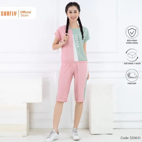 Bộ đồ mặc nhà nữ thể thao linen SUNFLY áo cộc quần ngố