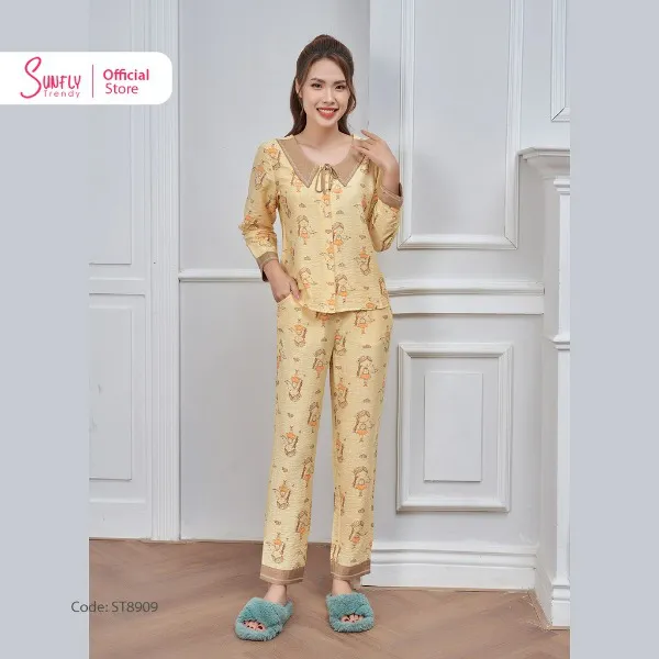 Bộ Đồ Mặc Nhà Pyjamas Linen SUNFLY Áo Tay Dài Quần Dài