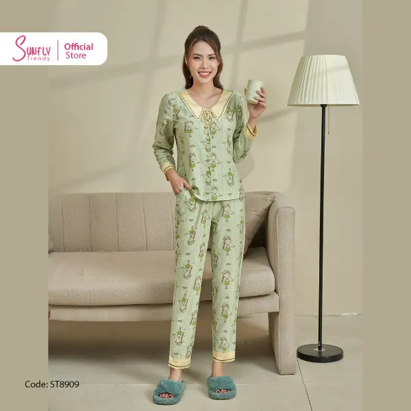 Bộ Đồ Mặc Nhà Pyjamas Linen SUNFLY Áo Tay Dài Quần Dài
