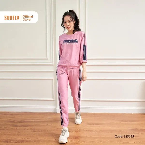 Bộ Đồ Nữ Mặc Nhà Thể Thao Linen Sunfly Áo Tay Lỡ Quần Dài