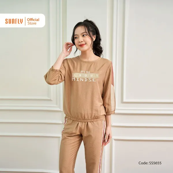 Bộ Đồ Nữ Mặc Nhà Thể Thao Linen Sunfly Áo Tay Lỡ Quần Dài