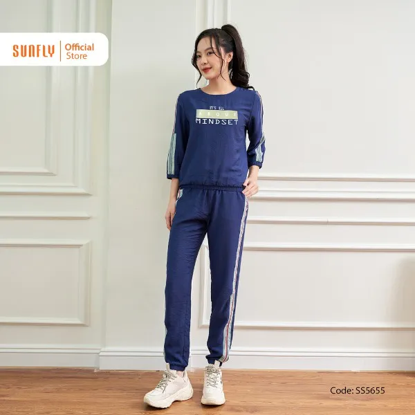 Bộ Đồ Nữ Mặc Nhà Thể Thao Linen Sunfly Áo Tay Lỡ Quần Dài